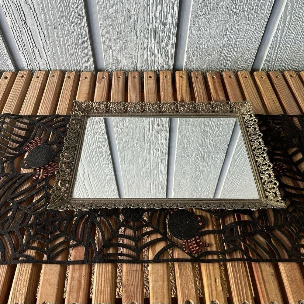 Vintage‎ Glass Vanity Mirror Tray Large Hollywood Regency Brass Mid Century MCM